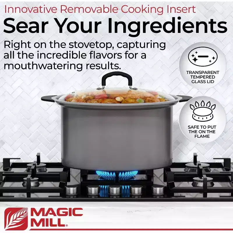 Magic Mill Extra Large 10 Qt Stainless Steel Slow Cooker, With Non-Stick Metal Searing Pot