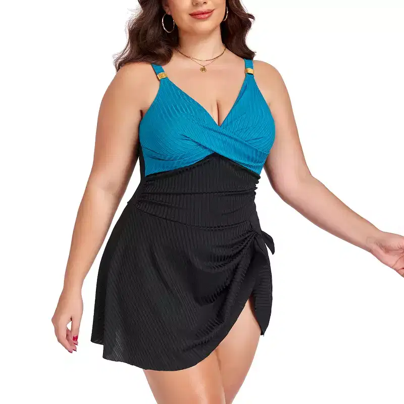 Plus Size Ribbed Colorblock Twist Front Swim Dress One Piece Swimsuit