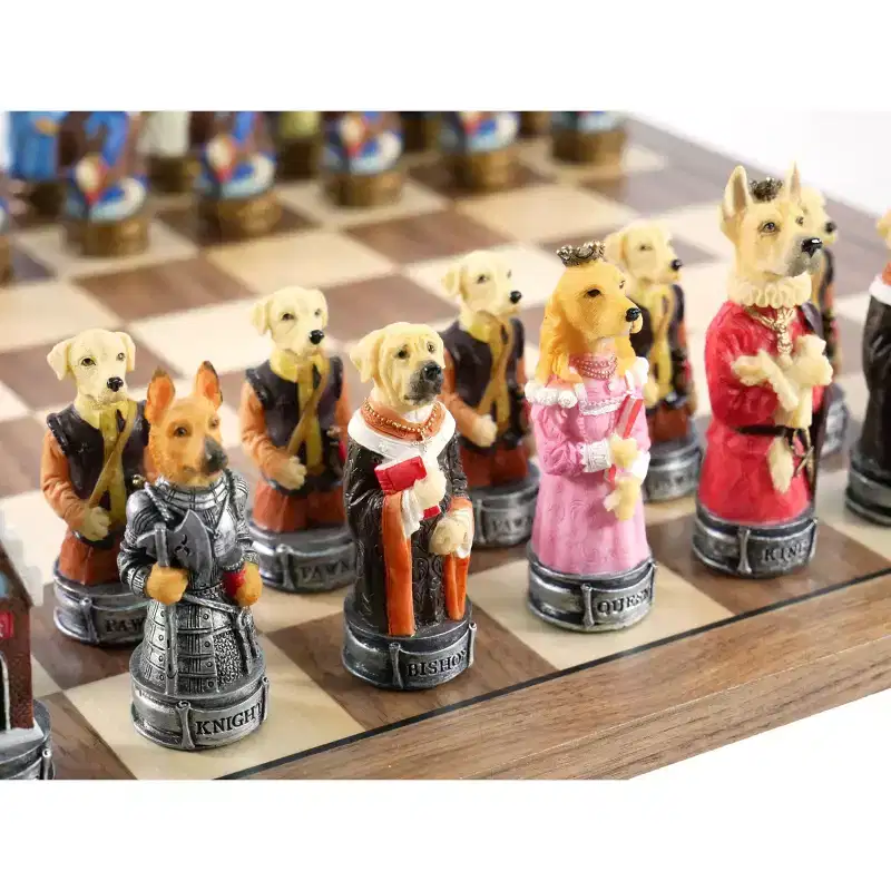 WorldWise Imports Chess Set - Cats & Dogs Resin Men on Walnut Maple Board