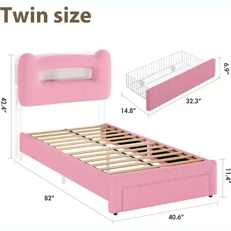 GustoWave Twin Size Kids Bed Frame with LED Lights, Storage Headboard & Drawer, Pink