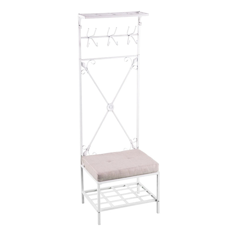Hall Tree Coat Rack with Cushioned Seat, 12 Hooks, 2 Shelves, Distressed White Iron