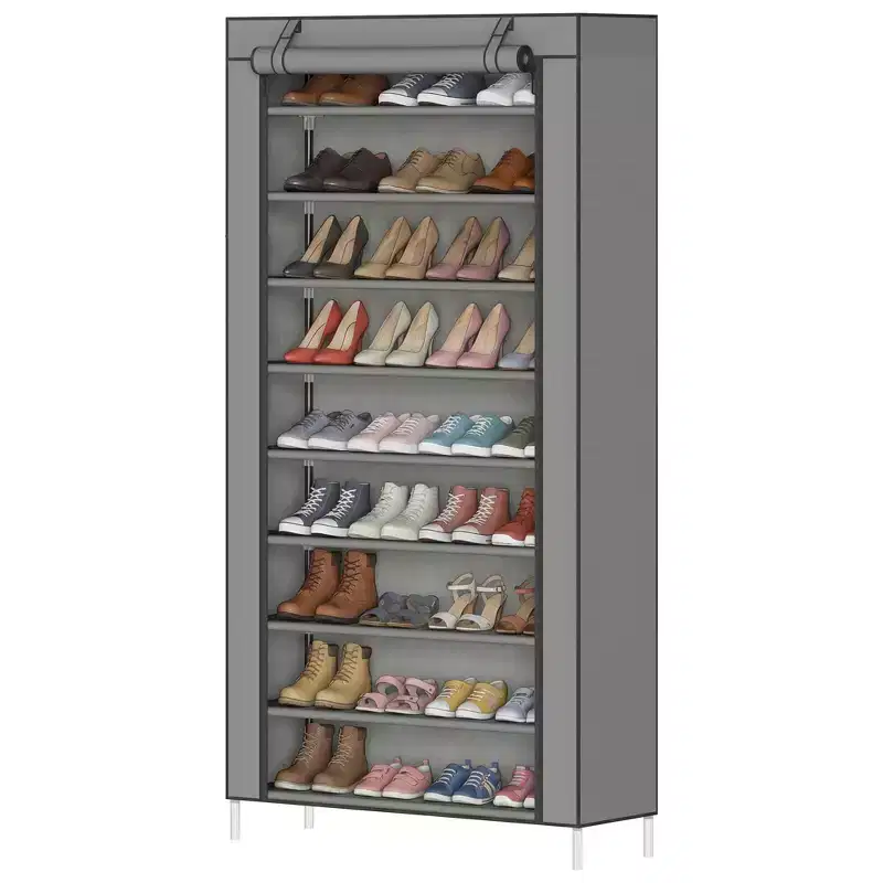 9-Tier Shoe Rack with Dustproof Cover, Tall Freestanding Shoe Storage Organizer for Closet & Entryway, Holds 40-50 Pairs, Gray