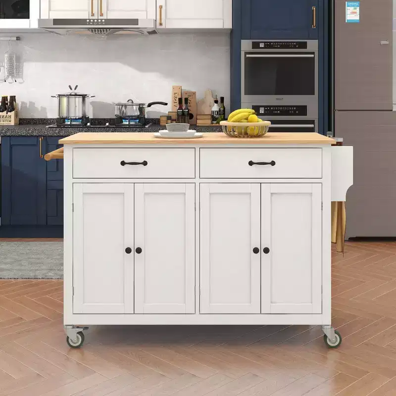 54.3 Inch Kitchen Island Cart with Solid Wood Top, Locking Wheels, 4-Door Cabinet, Two Drawers, Spice Rack & Towel Rack, White