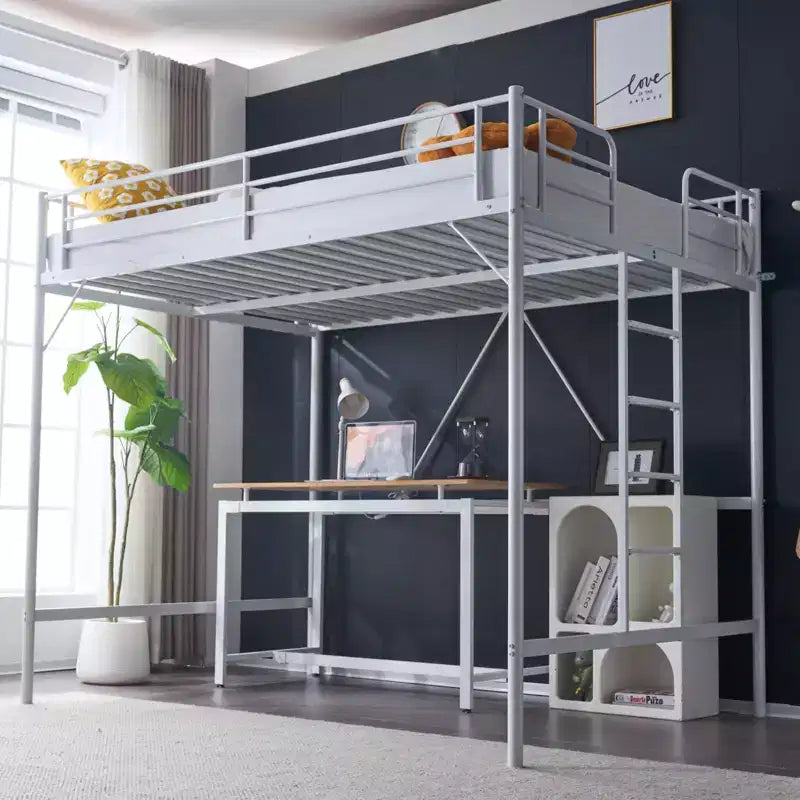 Full Metal Loft Bed for Kids, Loft Bunk Bed Frame with Stairs/Flat Ladder Rung, No Box Spring Required, White