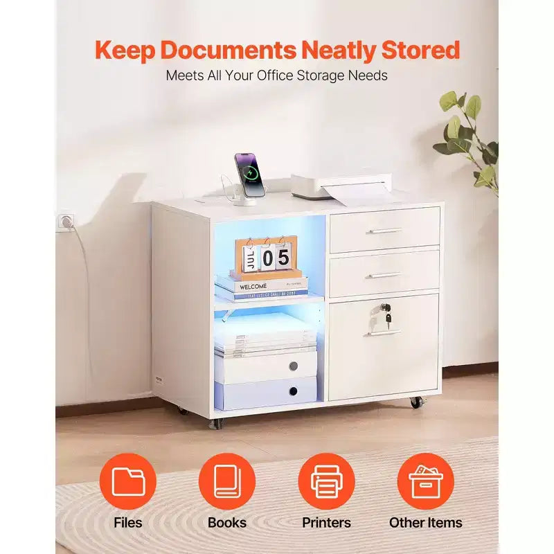 3-Drawer Wooden File Cabinet with LED Light Strip Lockable Rolling with Adjustable Shelves Printer Stand