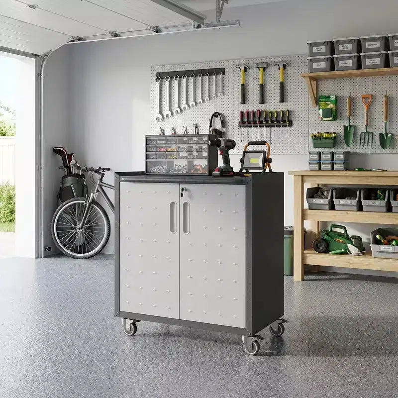 VIYET 34H Heavy-Duty Steel Garage Cabinet with Wheels & Lock - Adjustable Shelves, Black+Gray Diamond-Plate Design (Garage/Home/Office/Workshop)