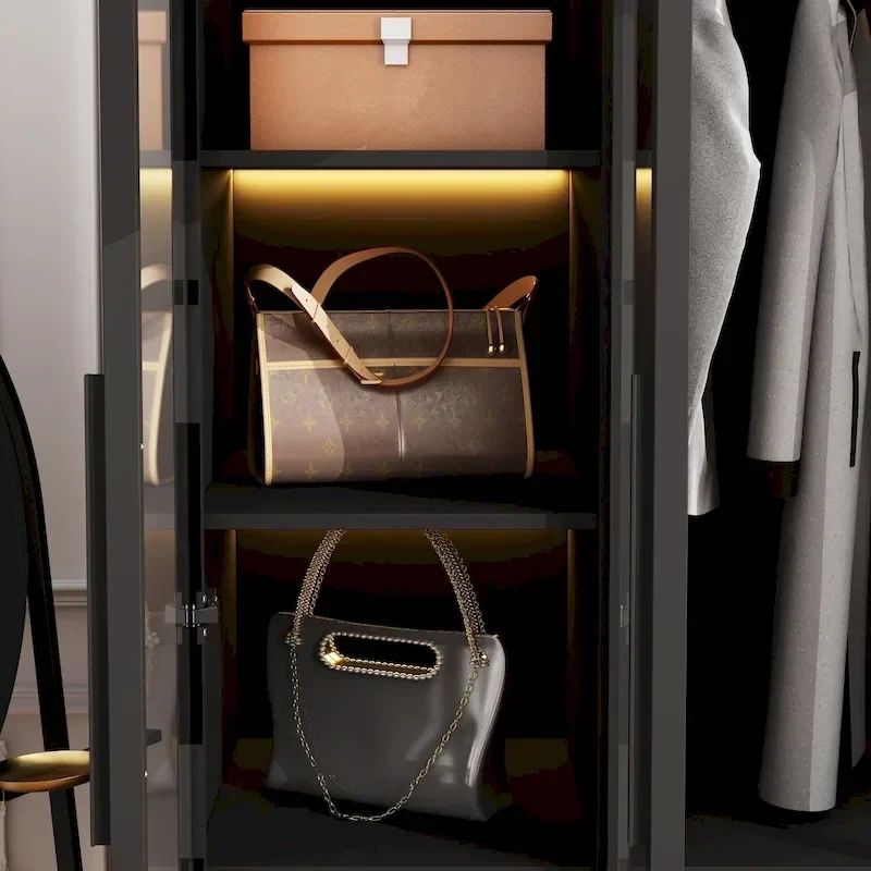 Armoire de rangement avec éclairage LED et portes entièrement vitrées, style dressing.
