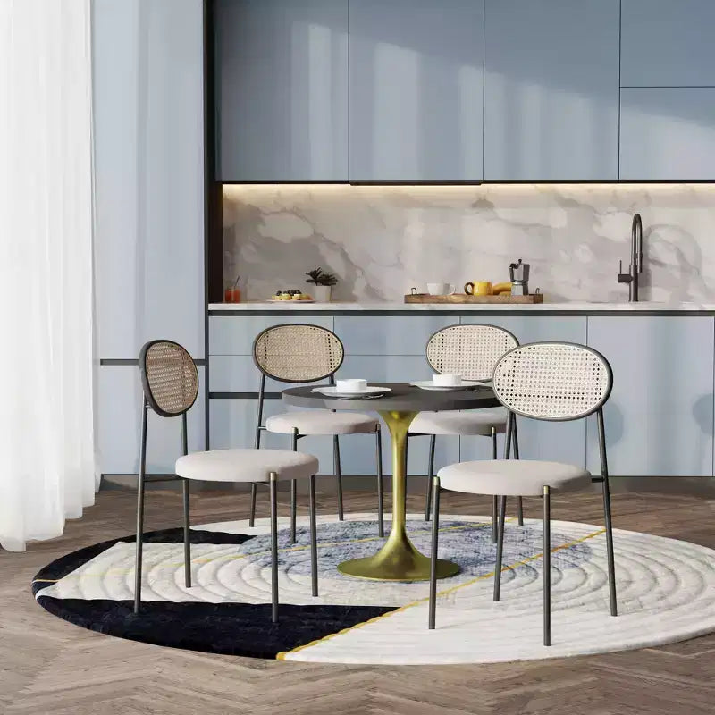 LeisureMod 5-PC Dining Set - 36 Round Dining Table Black MDF Top & Gold Base, 4 Velvet Dining Chairs in Black Steel Legs