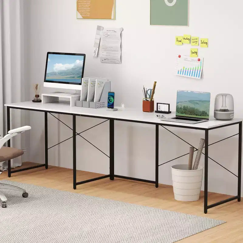 Costway L-Shaped Computer Desk with Power Outlets 95 Long 2-Person Desk with Monitor Shelf Modern Corner Desk Gaming Table with USB Ports White
