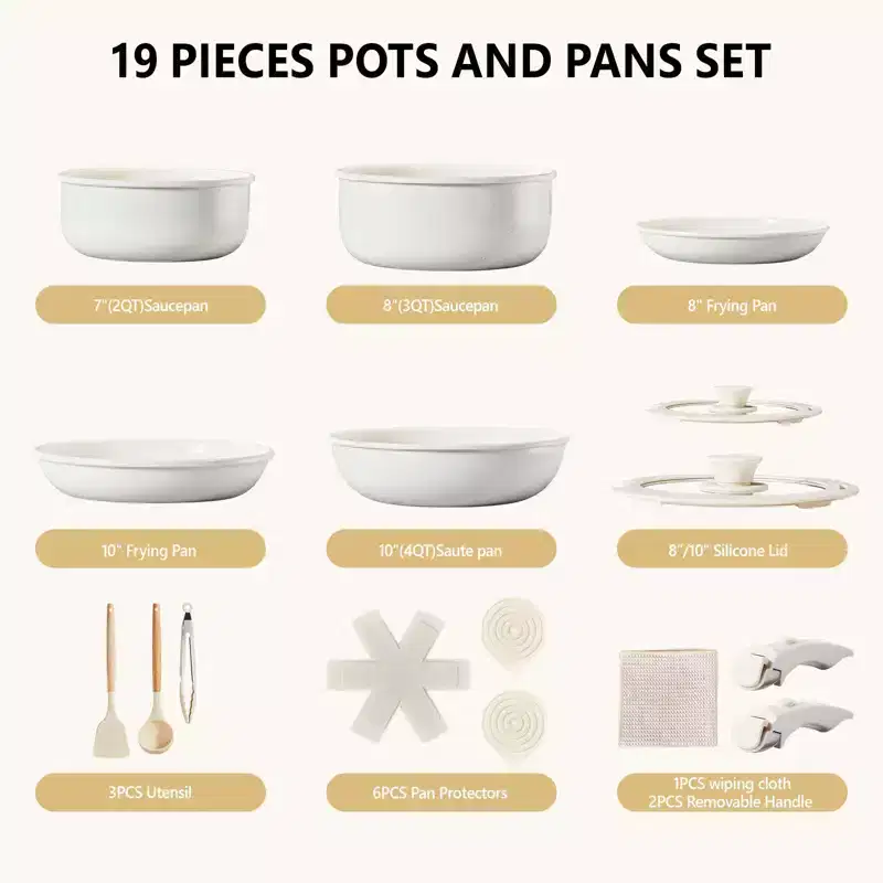 ROVSUN 19 Pcs Nonstick Pots and Pans Set,Aluminum Kitchen Cookware Set w/ Detachable Handles, RV Kitchen Set, Dishwasher Safe, PFAS PFOA & PFOS Free