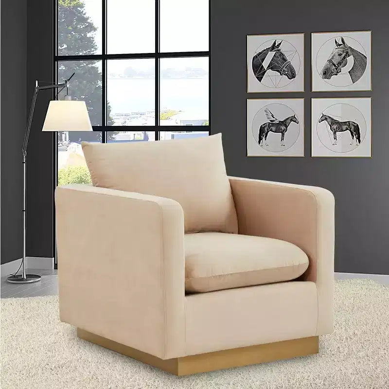 LeisureMod Nervo Velvet Accent Arm Chair  Upholstered Seating with Gold Stainless Steel Frame, Modern Design for Living Room, Office & Lounge