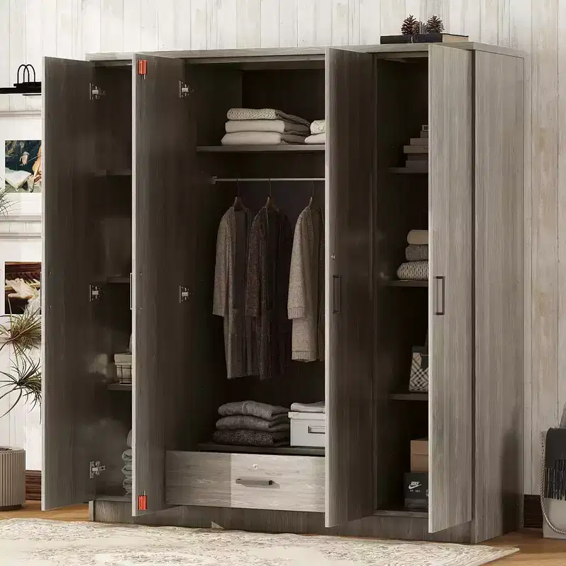 Armoire-penderie en bois à 4 portes avec tringle, 1 tiroir et étagères de rangement