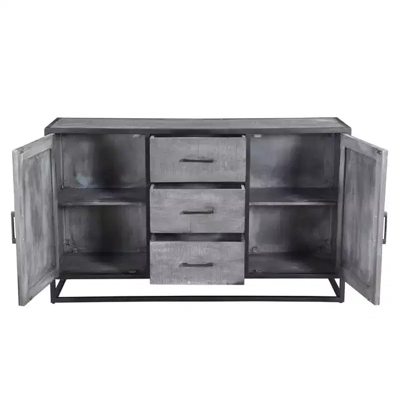 Raven Mango Wood Sideboard Gray - Timbergirl: Dining Room Credenza, Metal Frame, 3 Drawers, 2 Doors