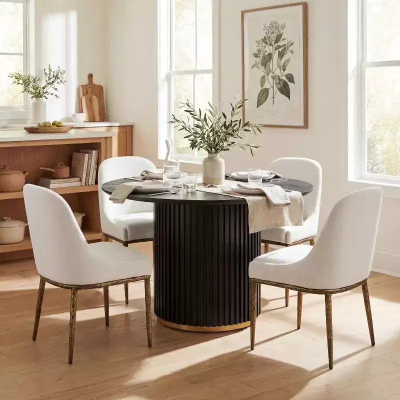 Christopher Knight Home Linnea Industrial 5 Piece Upholstered Dining Chairs with Round Pedestal Dining Table