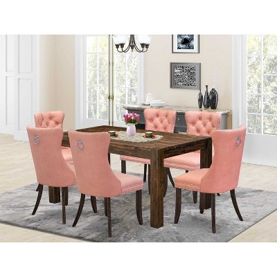 HomeStock 7-Piece Rectangle Distressed Jacobean Finish Solid Wood Top Dining Table with 6 Chairs