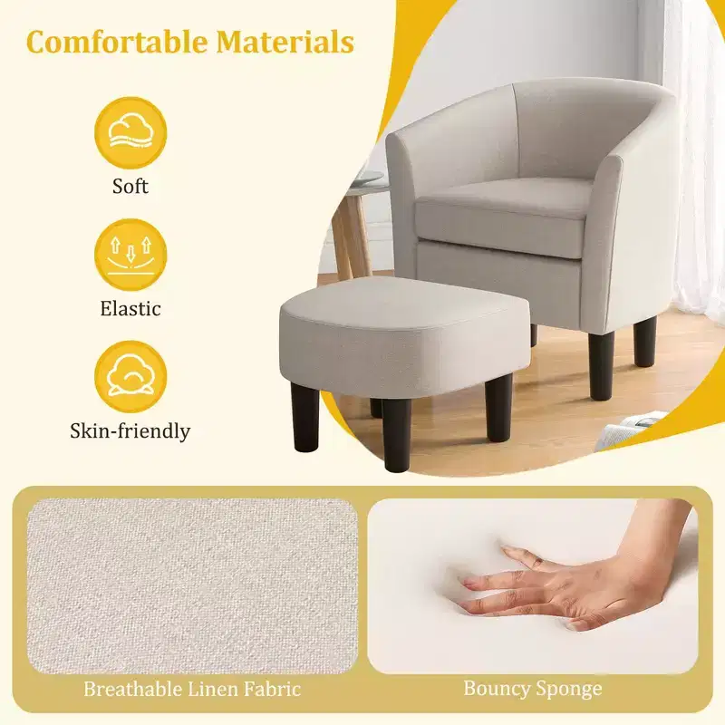 Costway Barrel Club Chair with Ottoman Set Footrest Curved Back & Removable Seat Cushion Grey/Beige