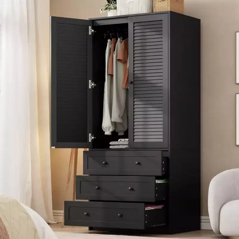 Wooden Armoire Wardrobe Closet with Drawers, 69.5 Storage Cabinet with Hanging Rod, 2-Door Louvered Design for Bedroom