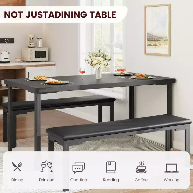 Dining Table Set for 4, Kitchen Table with 2 Benches, Metal Frame, Space-Saving Dining Room Dinette Sets for Kitchen, Dining Room