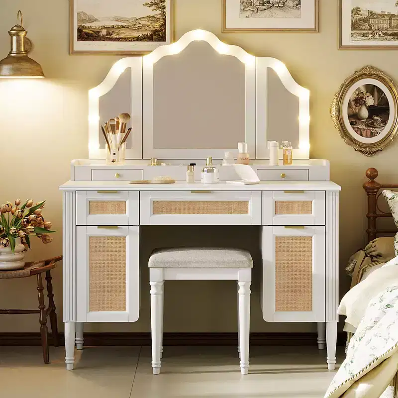 GDFStudio Lillian Boho Modern Wood Makeup Vanity Table with Tri-Fold Mirror, 13-Light Bulbs, 5 Drawers and Charging Station