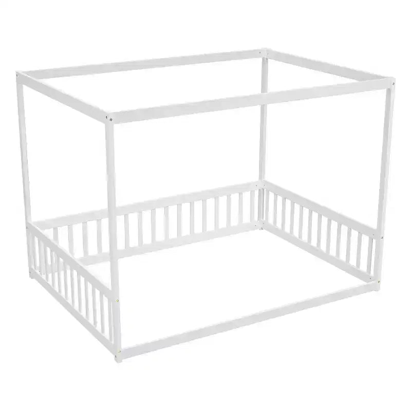 Luxystar Full Wooden Canopy Frame Floor Bed with Fence