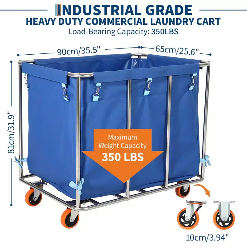 Heavy Duty 400L Laundry Cart with Wheels  Removable Waterproof Oxford Liner, Rolling Flatbed Trolley for Hotel, Hospital, School, Home  Blue