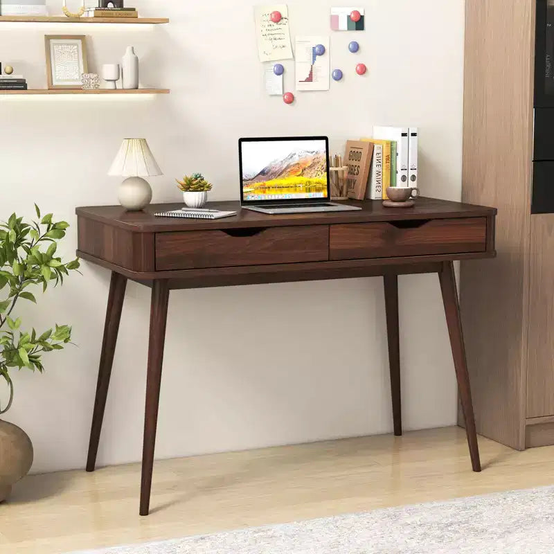 Costway 43.5 Writing Desk with 2 Drawers Anti-Tipping Kits & Solid Rubber Wood Legs White/Walnut