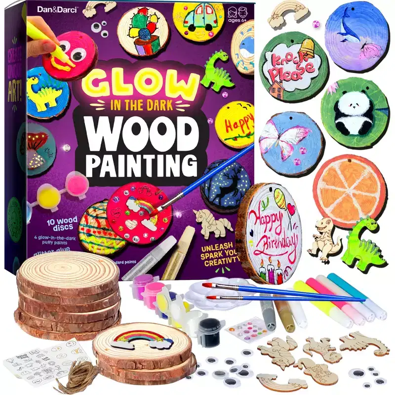 Dan&Darci Glow in the Dark Wood Painting Kit  DIY Craft with 10 Wooden Discs, Puffy and Glitter Paints, Stickers, and Gems, Craft Gift for Kids