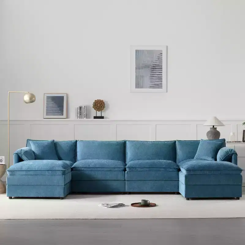 Polibi 6-Piece Chenille U-Shaped Modular Sectional Sofa with Dual Ottomans and Double-Layer Cushions