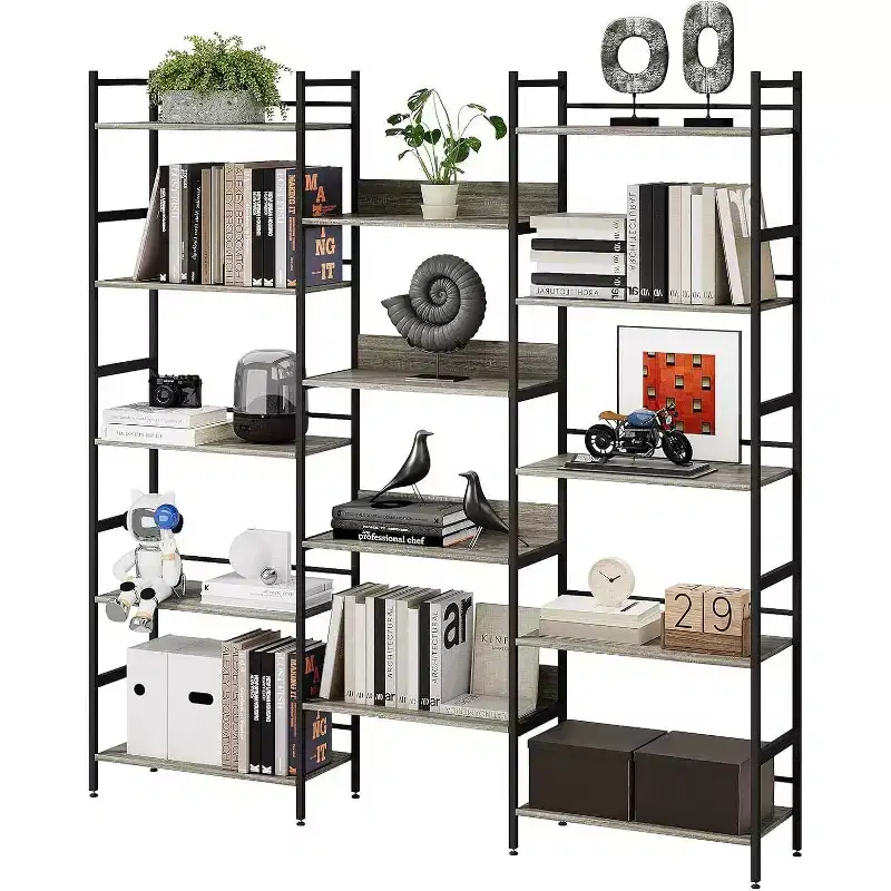5 Tier Bookshelf with 14 Display Shelves, Large Open Industrial Bookshelf, Rustic Storage, Living Room, Bedroom, Office and Study Room