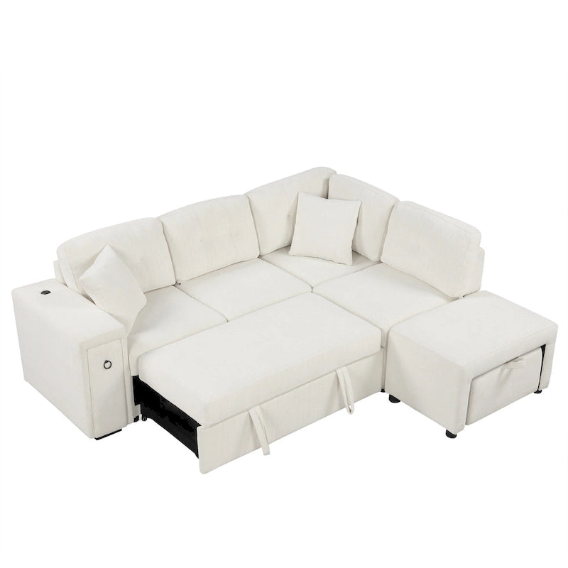 L-Shaped 4-Seat Sectional Sofa with Pull-Out Bed, Ottoman, USB Ports & Drop-Down Table
