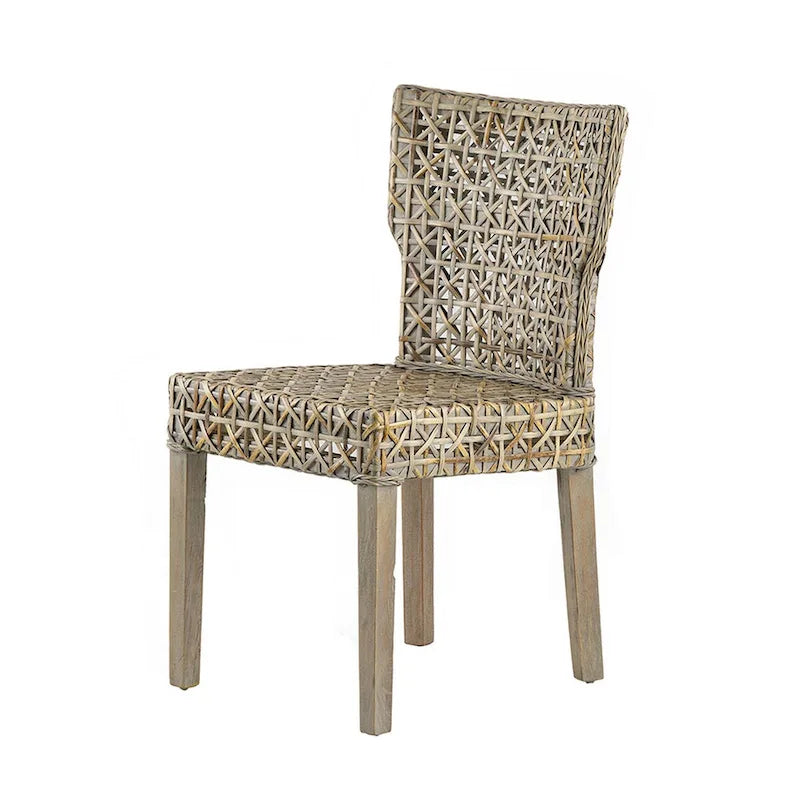 22 Side Dining Chair, Woven Rattan Backrest and Seat, Weathered Gray