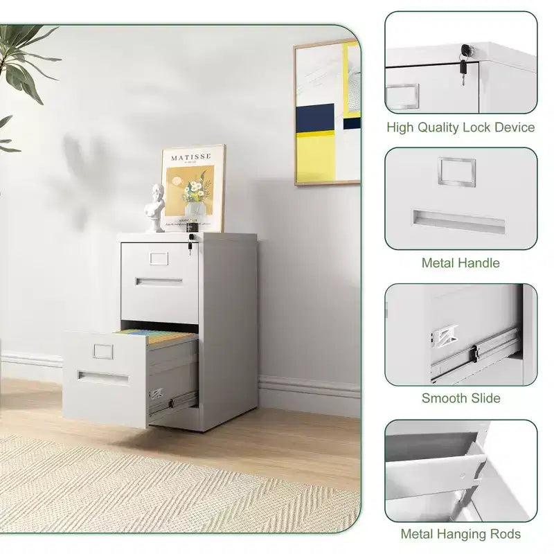2-Drawer Narrow Metal File Cabinet with Lock – White