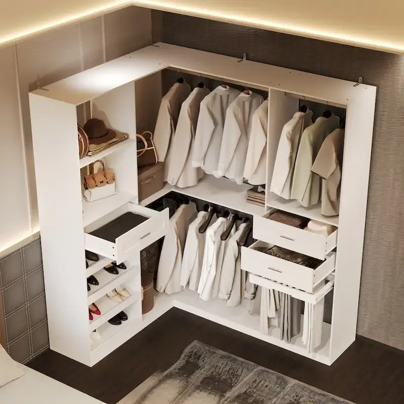 Armoire d'angle avec 2 tringles, un porte-pantalons et un meuble de rangement pour chaussures