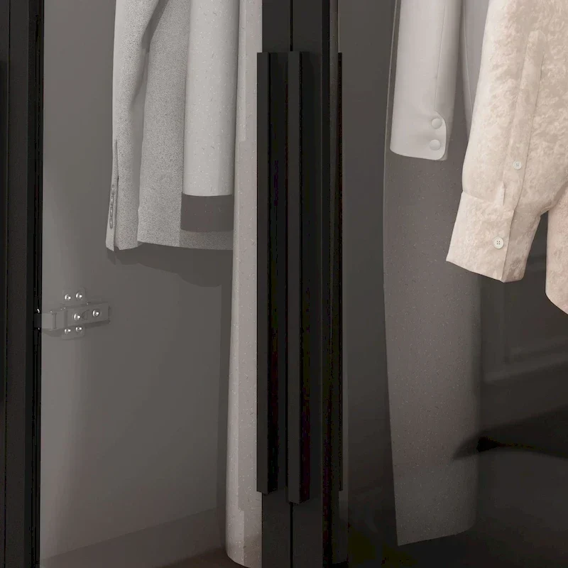 Armoire de rangement avec éclairage LED et portes entièrement vitrées, style dressing.