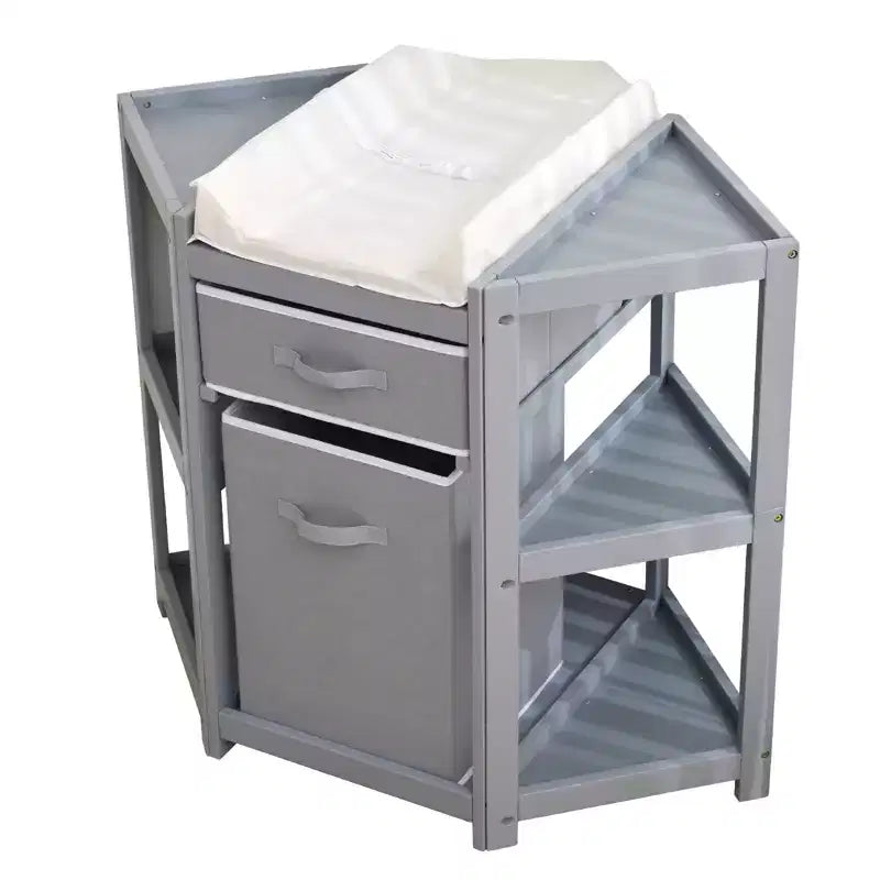 Gray Corner Baby Changing Table with Drawer & Hamper, 1-Child, Pine Wood