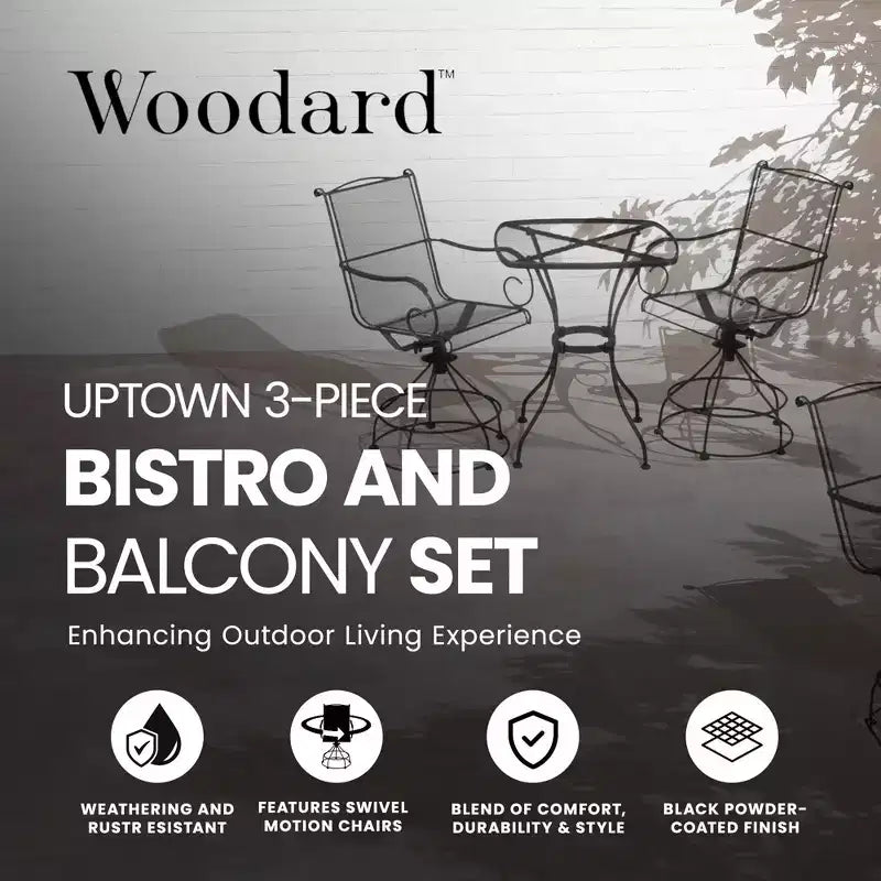 Woodard Uptown 3 Piece Steel Bistro and Balcony Set with Swivel Motion Chairs, Table, 250 Pound Weight Capacity, and Powder Coated Finish, Black