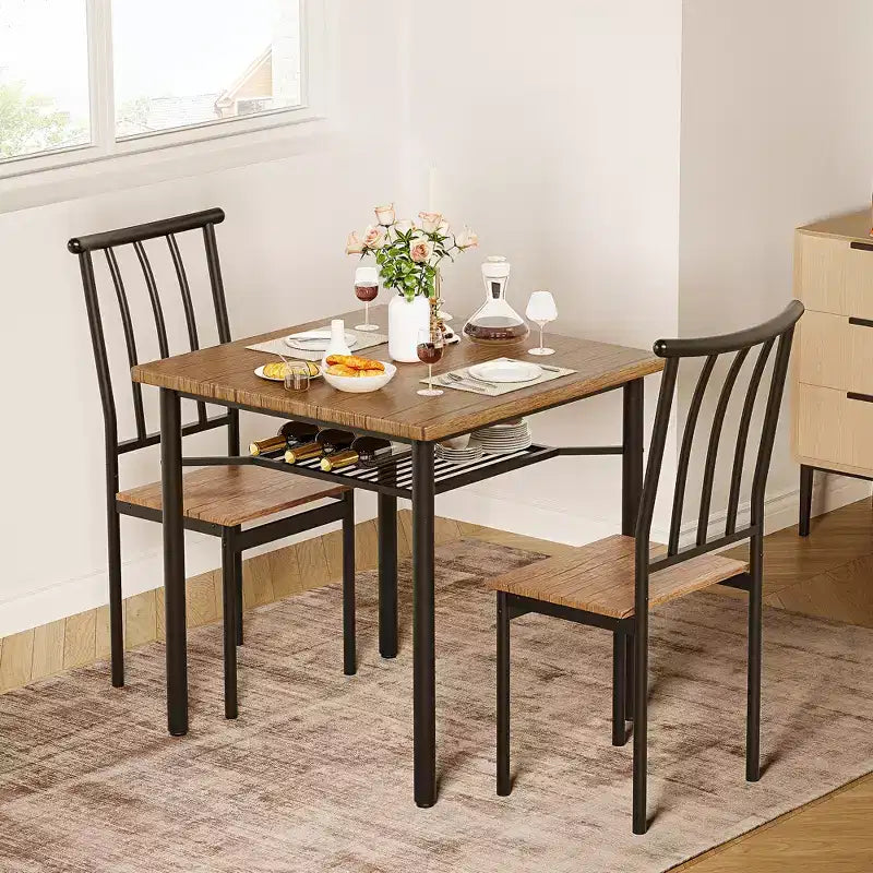 3-piece double dining table set, kitchen dining table and chairs with wine rack for small spaces