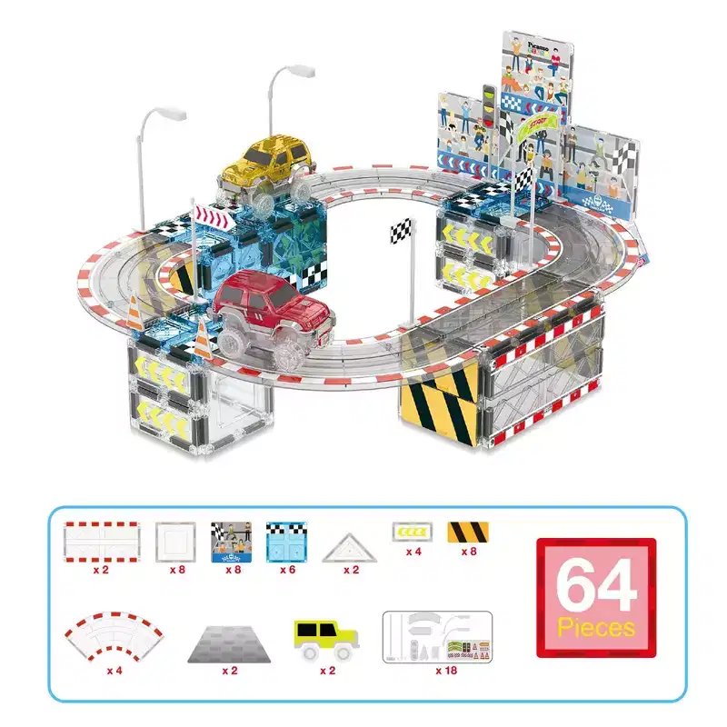 PICASSO-TILES Race Track Magnetic Tiles for Kids with Racing Toy Car and Truck, 64PCS Building Blocks Set for Creative STEM Play