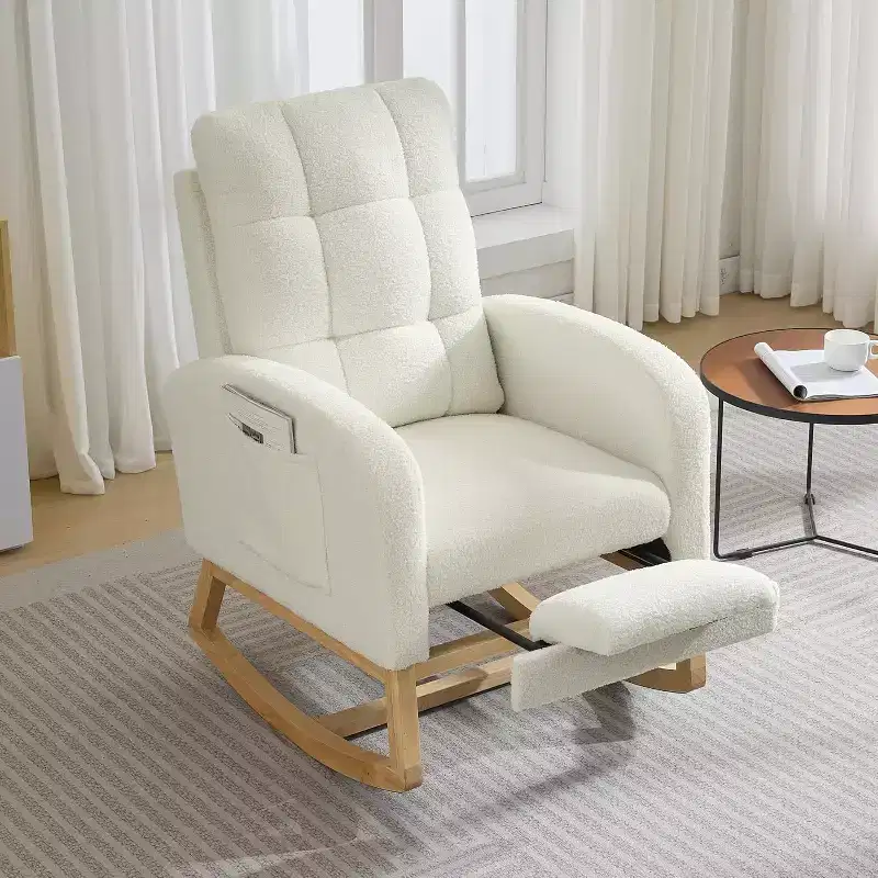 Modern Nursery Upholstered Rocking Chair,Boucle Glider Chair Nursery Chair with High Back,Rocking Accent Armchair, for Living Room, Beige