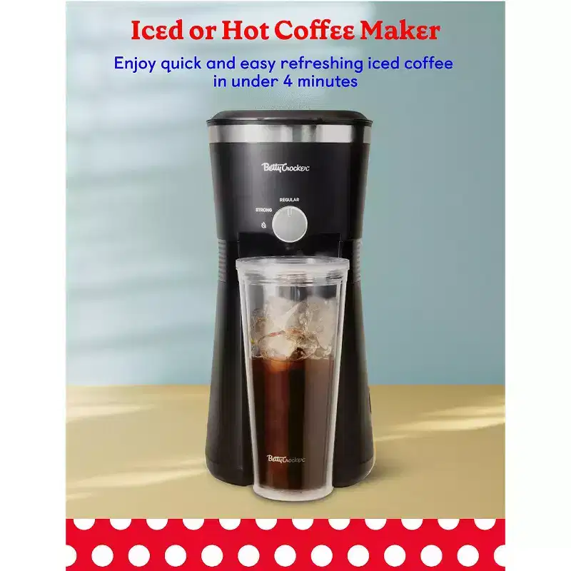Betty Crocker Coffee Maker for Iced & Hot Brew, Compact Iced Coffee Machine with Chrome Accents, Reusable Filter, BPA-Free, Black