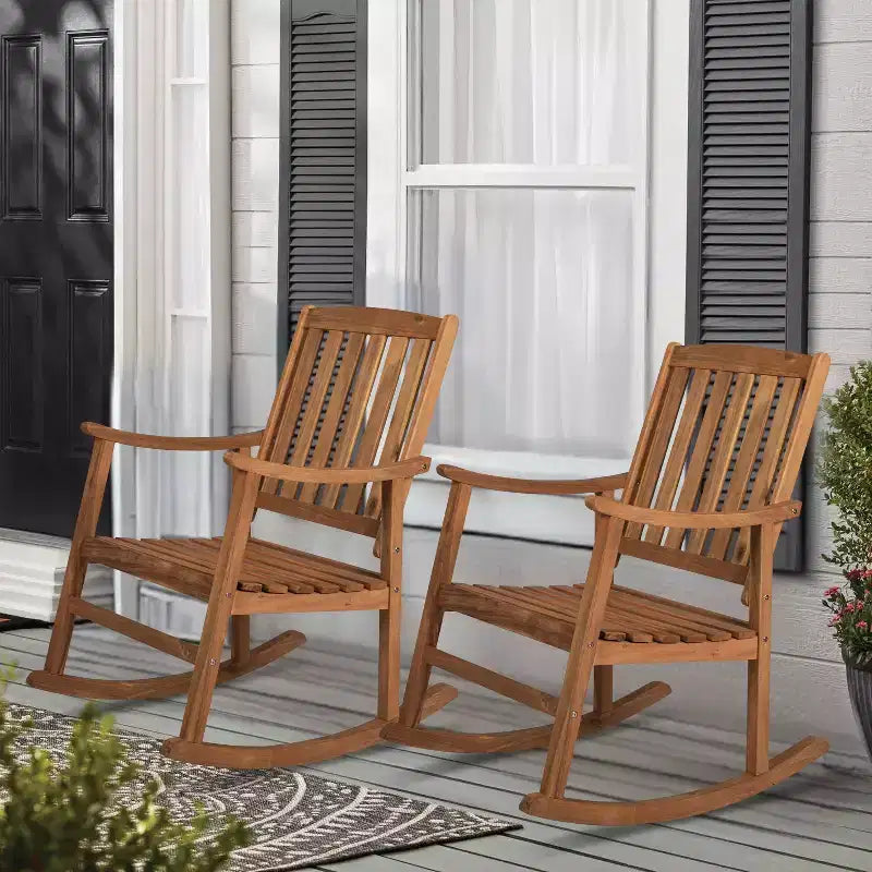Perry Classic Slat-Back Acacia Wood Patio Outdoor Rocking Chair (Set of 2) - JONATHAN Y