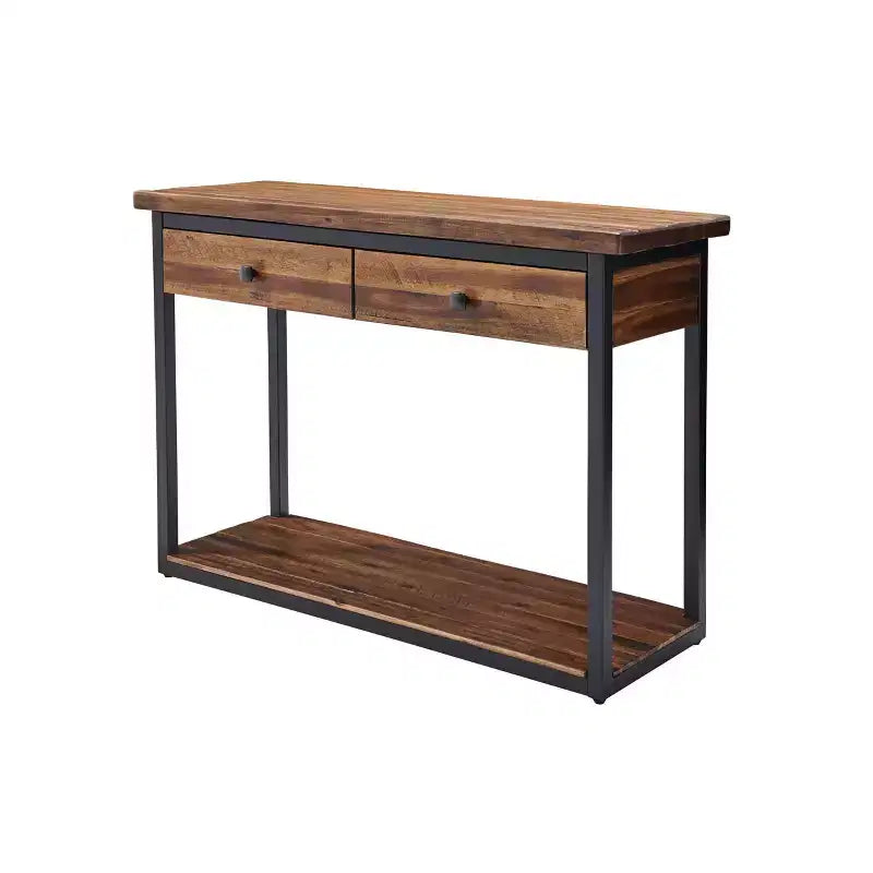 Claremont Rustic Wood Console Table with Two Drawers and Low Shelf Dark Brown - Alaterre Furniture: Industrial Style, Metal Frame, Entryway Storage