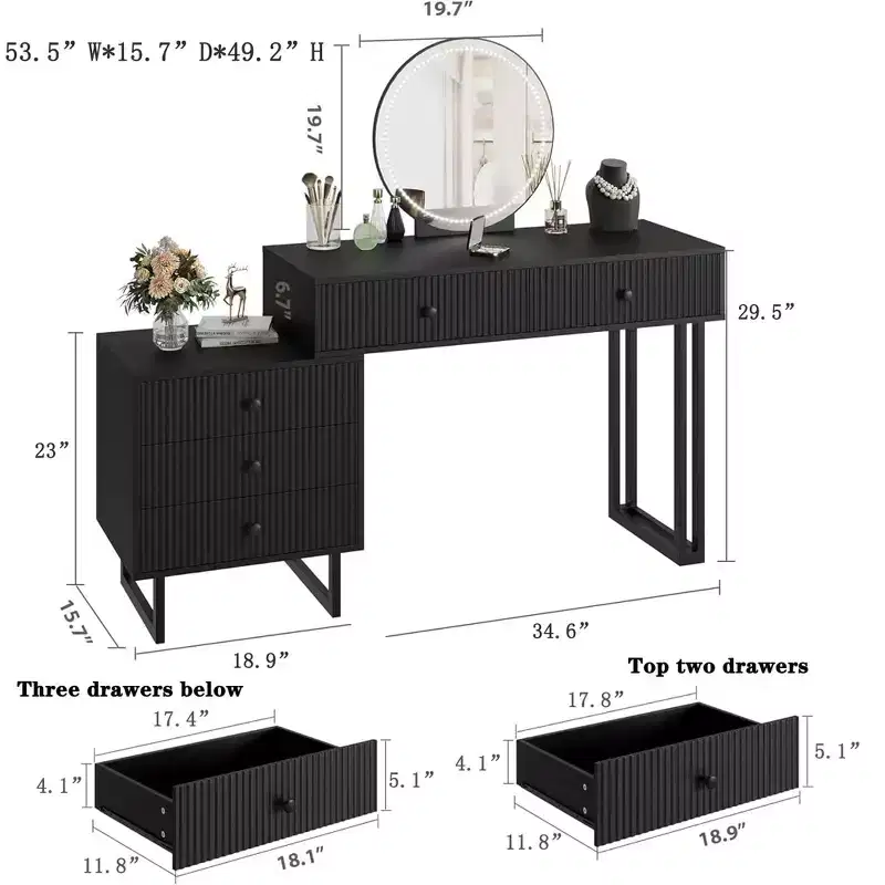 Vanity Desk with Mirror and Lights, Makeup Vanity with 5 Drawers, Modern Vanity Organizer with 3 Color Lights