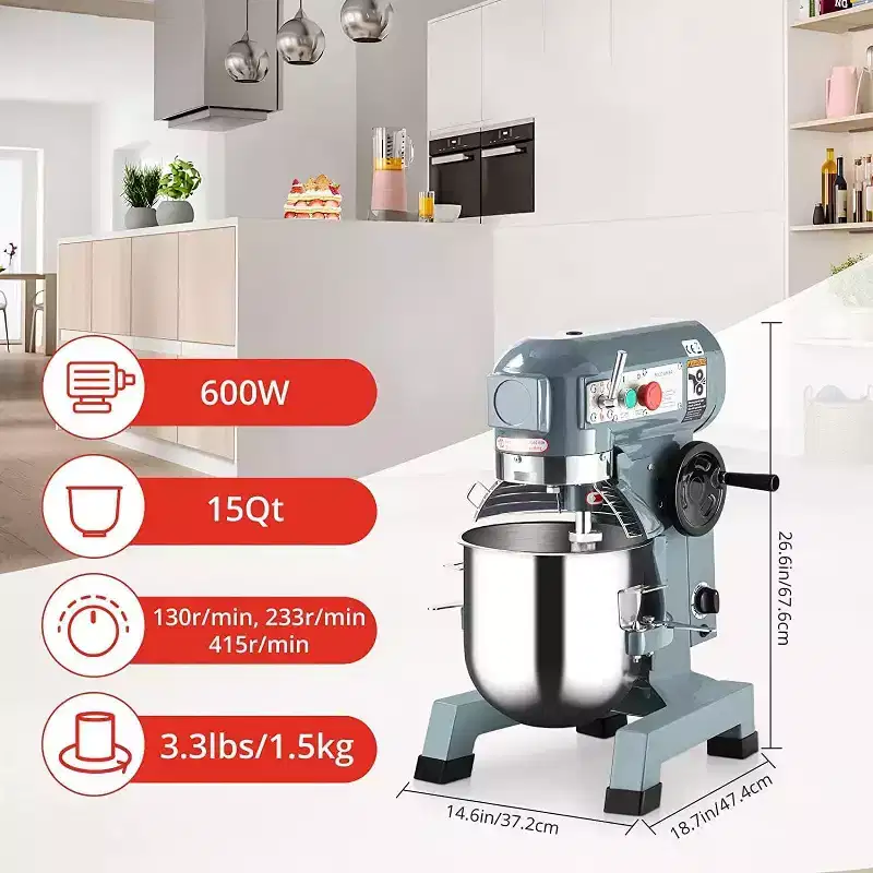 Commercial Food Mixer, 15QT 600W 110V 3 Speeds Adjustable, Stand Mixer Dough Kneading Machine with Safety Guard, for Bakeries Restaurants Pizzerias