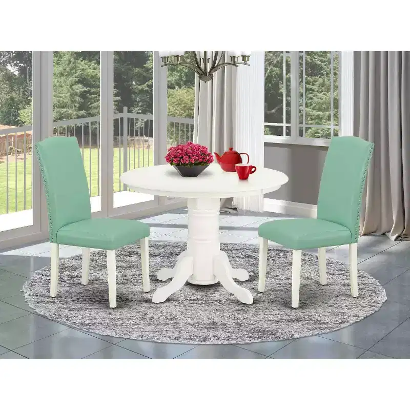 Dinette Set 3Pc Round Table & 2 Parsons Chairs - 42 Kitchen Table Set - Linen White Legs, Pond PU Leather