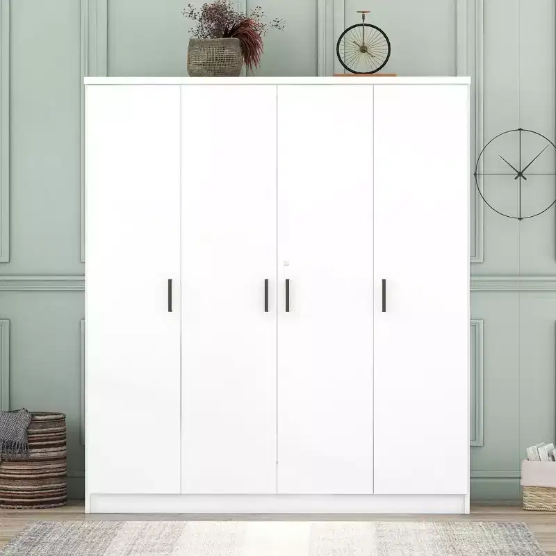 Armoire-penderie en bois à 4 portes avec tringle, 1 tiroir et étagères de rangement