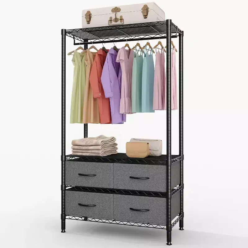 Heavy-Duty Garment Rack with 4 Drawers & Hanging Rod, Freestanding Closet Organizer with Adjustable Shelves for Bedroom, Dorm, or Entryway