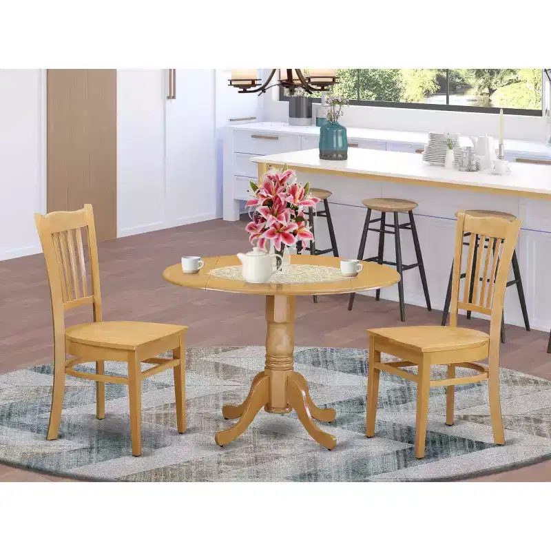 HomeStock 3-Piece Round Natural Oak Finish Solid Wood Top Dining Table with 2 Chairs
