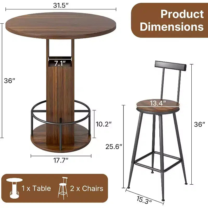 Zevemomo 3-Piece 31.5 Round Bar Table and Chairs Set for 2, Small Pub Dining Set with 2 Stools, Space Saving, Walnut