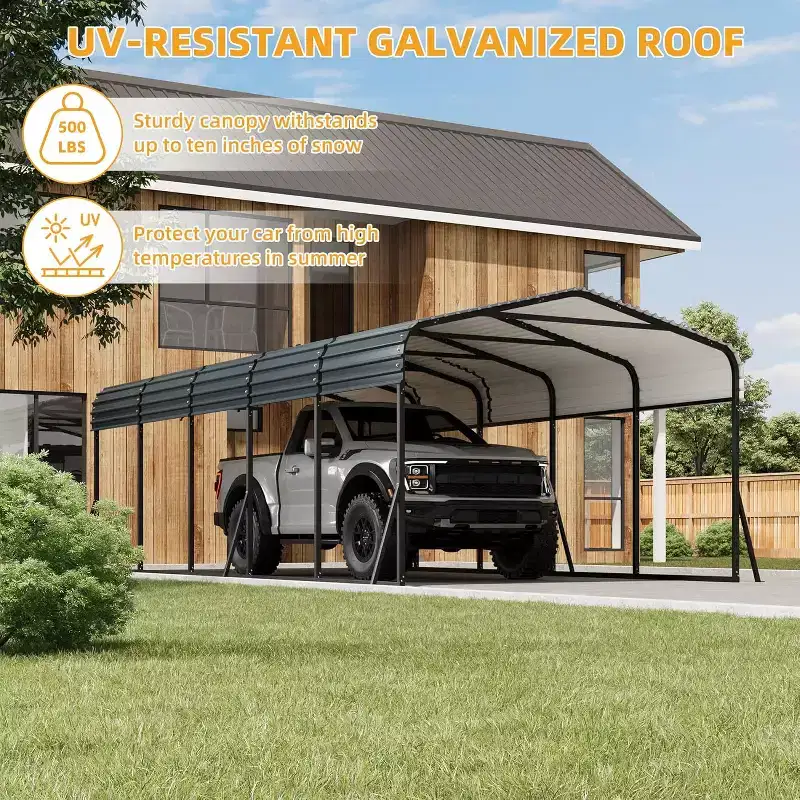 Abri d'auto LinTimes 12 x 24 pi en métal avec toit en acier galvanisé, cadre thermolaqué, abri résistant à l'eau pour véhicules, protection extérieure